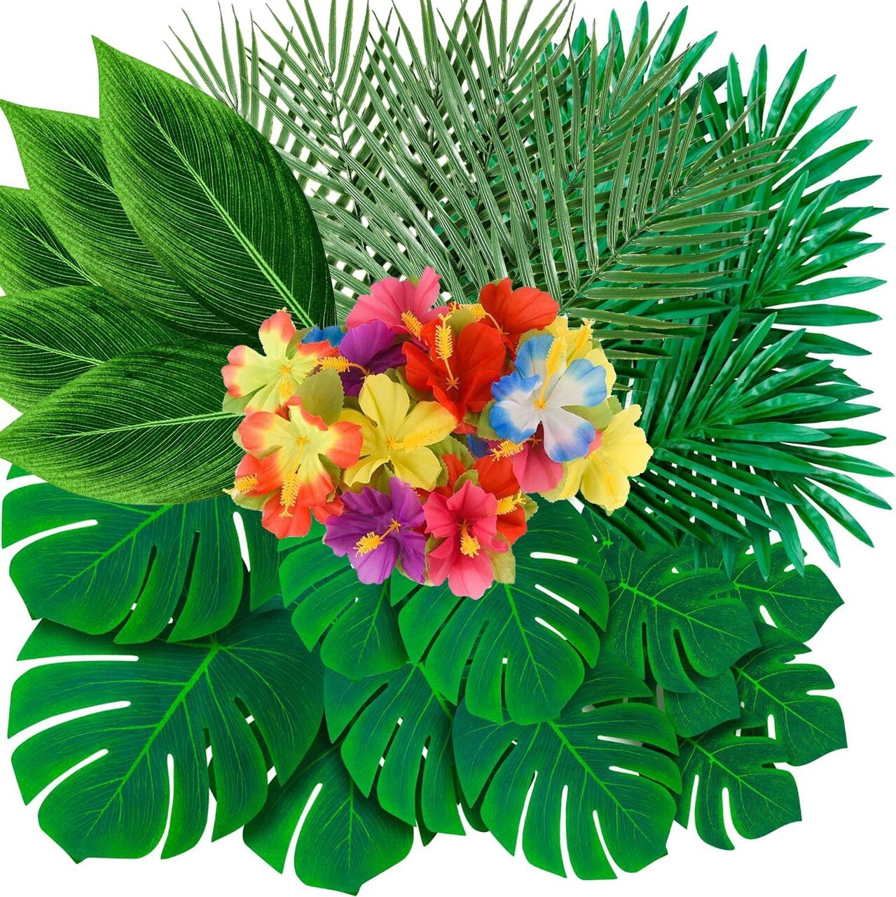 105 Pack Artificial Palm Leaves Hibiscus Flowers Tropical Party Decorations Supplies - 7 Kinds Fake Monstera Leaf for Safari Jungle Hawaiian Birthday Luau Party Theme Table Decor